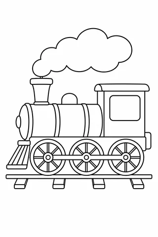 A simple side-view steam locomotive with a chimney, large cab window, three linked wheels and a broad puff of steam sits on a short track.