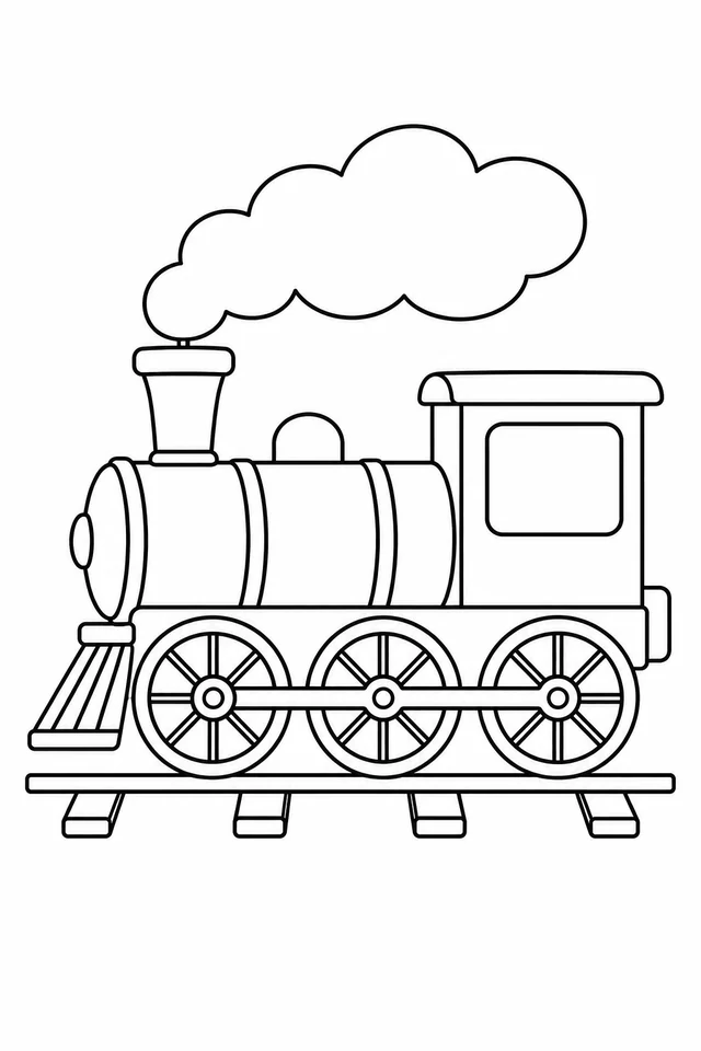 A simple side-view steam locomotive with a chimney, large cab window, three linked wheels and a broad puff of steam sits on a short track.