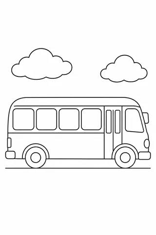 A simple side-view passenger bus with four passenger windows, a front door and two visible wheels stands under two clouds.