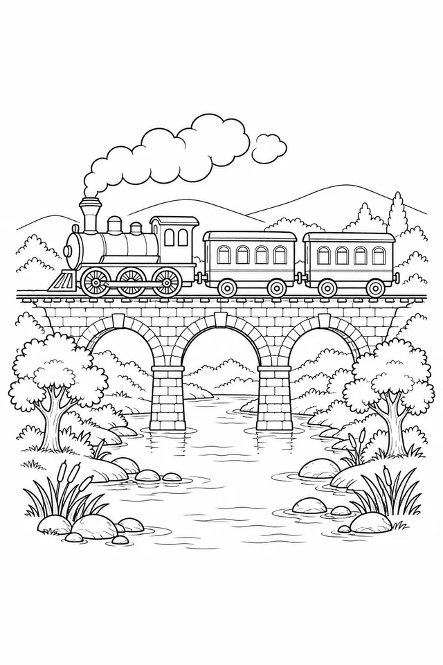 A steam locomotive pulls two passenger carriages over a three-arch stone bridge above a river bordered by trees, reeds and rounded stones.