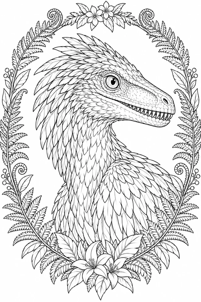 A narrow-snouted Velociraptor head and feathered neck fill an oval fern frame with individually outlined feather layers.