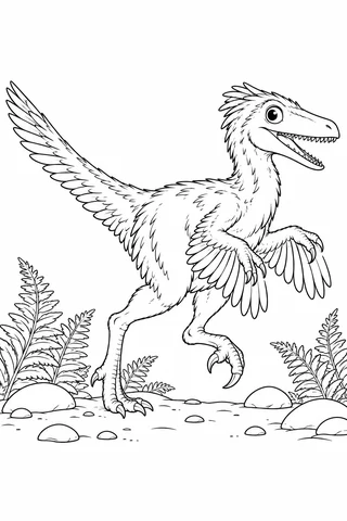 A friendly feathered Velociraptor runs on two hindlegs, with arm feather fans, curved claws, a long tail, ferns and rounded rocks.