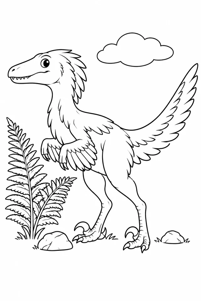 A friendly feathered Velociraptor stands beside a fern with two hindlegs, small arm feather fans, a long tail and a cloud.