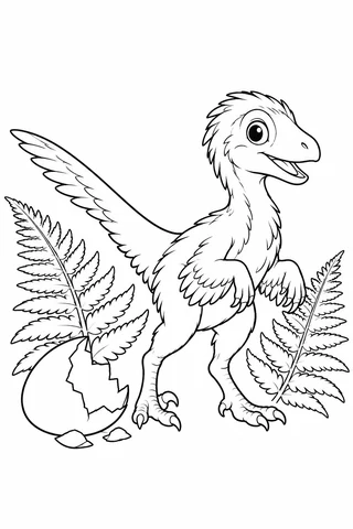 A feathered Velociraptor hatchling with a long tail and two short arms stands by a cracked eggshell and fern leaves.