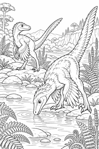 Two feathered Velociraptors of different sizes stand among river rocks, fern beds and water, with one head lowered to drink.