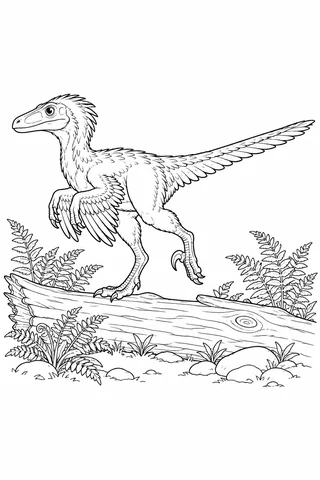 A feathered Velociraptor walks over a fallen log with one hind foot lifted, its tail extended and ferns around the log.