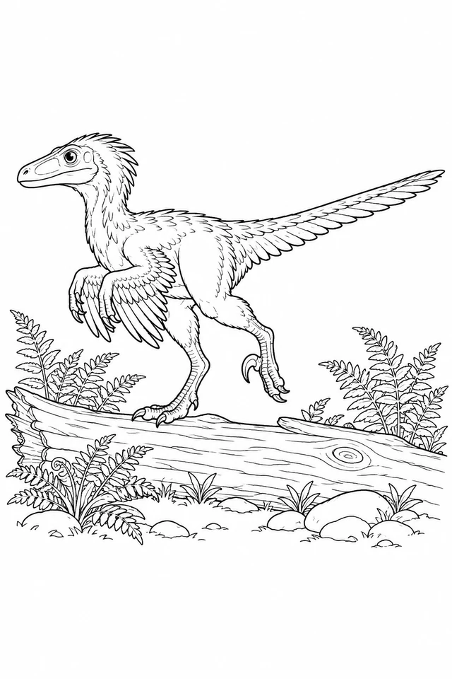 A feathered Velociraptor walks over a fallen log with one hind foot lifted, its tail extended and ferns around the log.