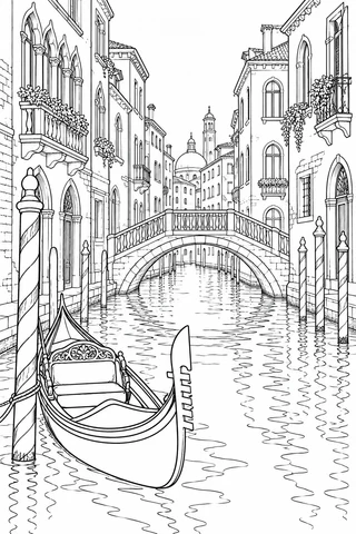 An empty gondola rests beneath a canal bridge between Venice-inspired facades and mooring posts.