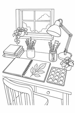 Art desk with leaf sketch in a spiral notebook, paintbrush jars, paint tray and adjustable lamp.