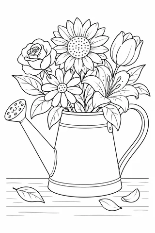 A watering can with a long spout and curved handle holds a mixed bouquet including a sunflower, rose, tulip, daisy and lily-like flower.