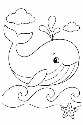 A smiling whale with a three-part spout floats above curling wave bands and a starfish, beneath two clouds.