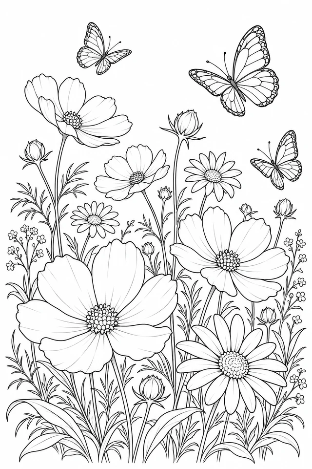 Outline coloring page of daisies, cosmos flowers, leaves and butterflies in a garden.
