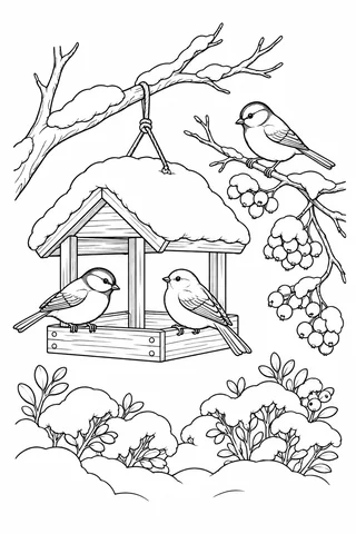 Three songbirds perched on a hanging wooden feeder and a berry-bearing snowy branch.