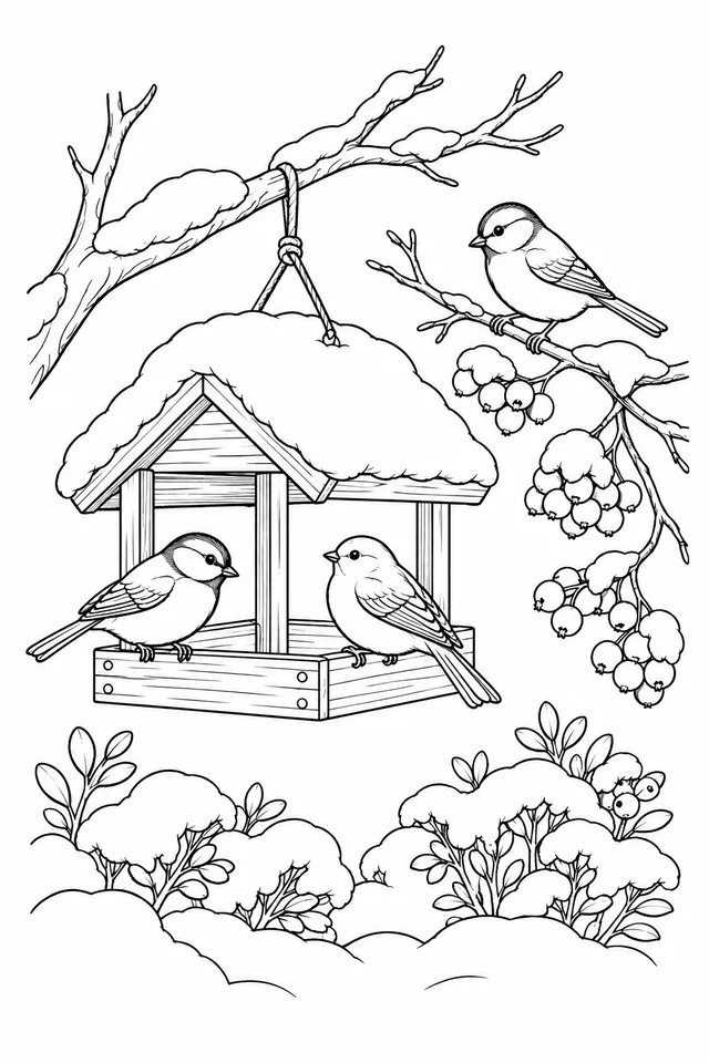 Three songbirds perched on a hanging wooden feeder and a berry-bearing snowy branch.