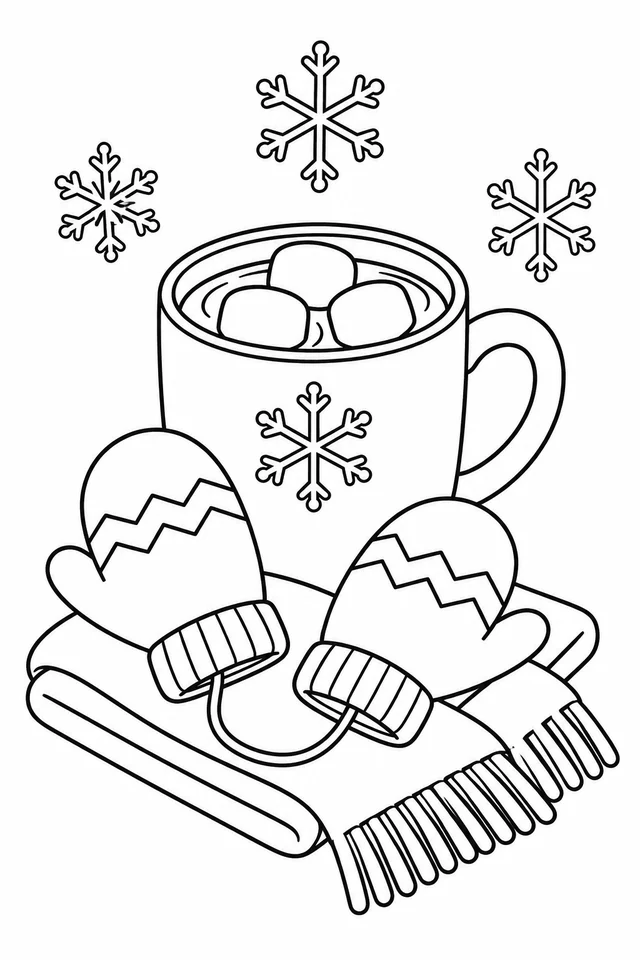 Mug of cocoa with three marshmallows beside linked mittens, folded scarf and snowflakes.