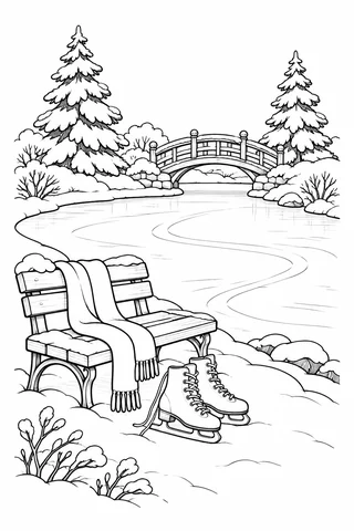Frozen pond with skate trails, a bench with scarf, ice skates in snow, bridge and pine trees.