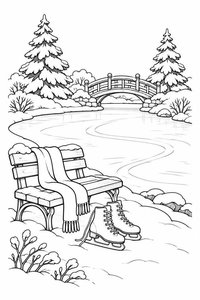 Frozen pond with skate trails, a bench with scarf, ice skates in snow, bridge and pine trees.