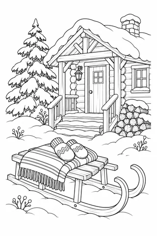 Wooden sled with blanket and mittens outside a snowy cabin with stacked logs and a pine tree.