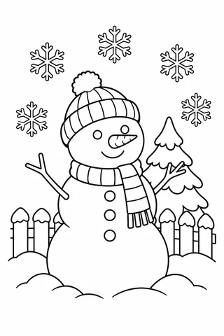 Snowman with beanie, scarf, carrot nose and twig arms beside a fence and pine tree.