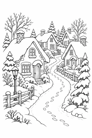 Four village houses beside a snowy winding lane with footprints, trees, fences and a lamp.