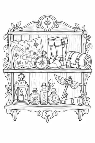 Wooden shelf holding a map, compass, boots, rolled blanket, lantern, decorated bottles, winged key and telescope.