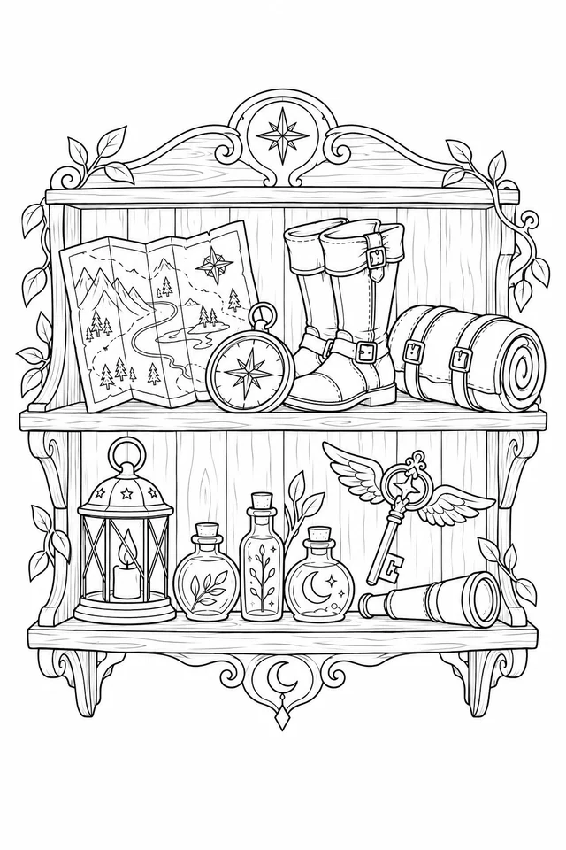 Wooden shelf holding a map, compass, boots, rolled blanket, lantern, decorated bottles, winged key and telescope.