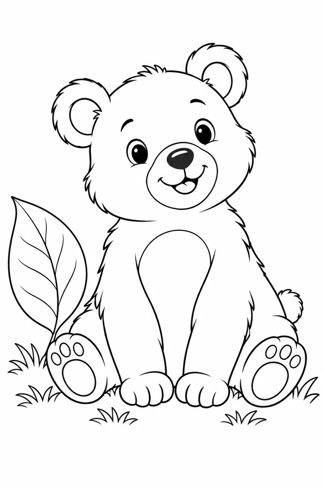 Friendly bear cub sitting with two front paws, two rounded hind feet, a broad belly patch and a leaf beside it.