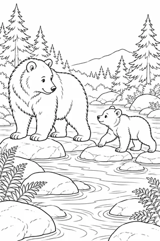 Adult bear and cub standing on separate stones in a woodland stream, with pines, rounded rocks and ferns.