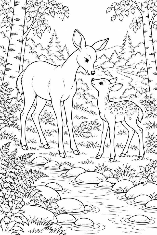 Adult deer and spotted fawn face one another beside a stream with stones, birch trees and ferns.