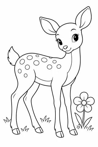 Young spotted deer standing on four slender legs beside a flower and grass, with large ears and a short tail.
