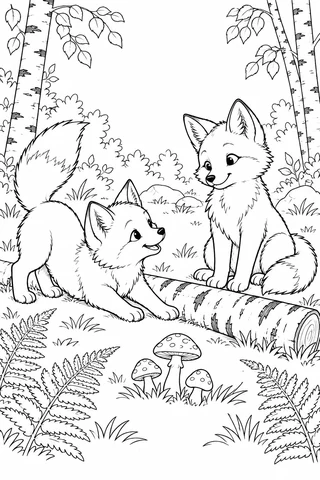 Two fox cubs beside a fallen birch log: one bows with its tail raised and one sits upright, surrounded by ferns and mushrooms.