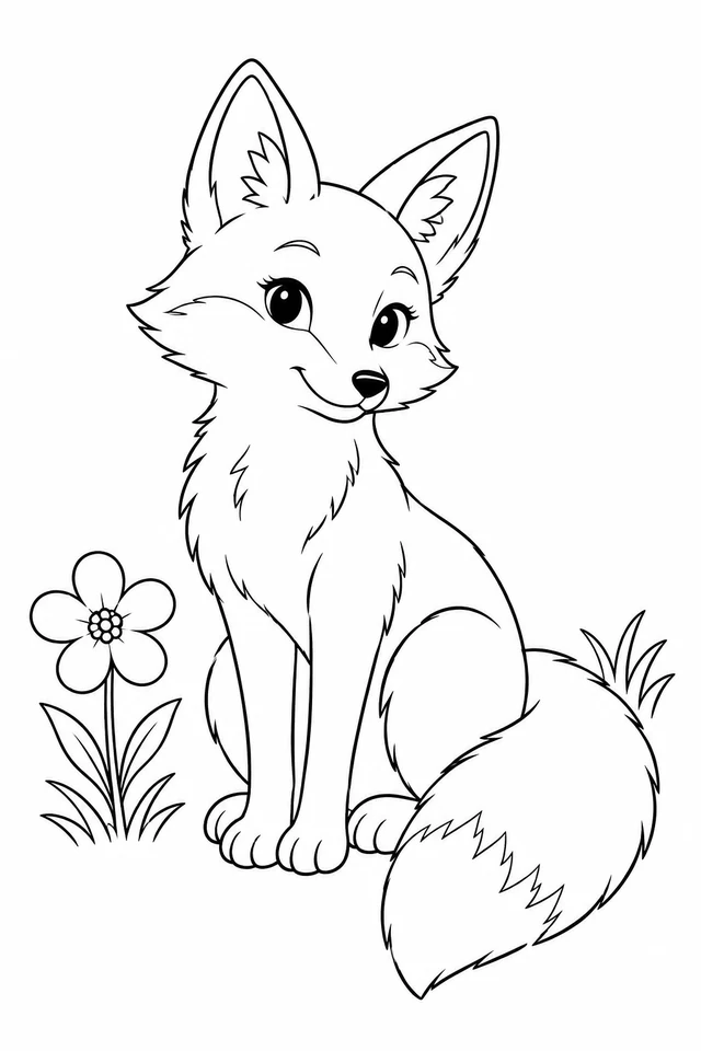 Friendly fox sitting beside a five-petal flower, with two front paws together and a large bushy tail curled to one side.