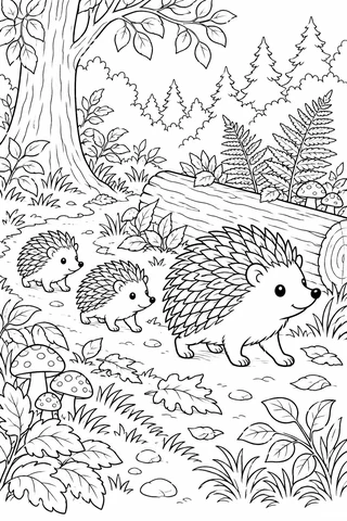 Three hedgehogs walk in a line along a leaf-strewn forest path beside a log, ferns and mushrooms.
