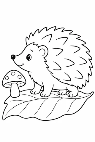 Side-view hedgehog with a rounded spiky back and four small feet standing on a broad leaf beside a mushroom.