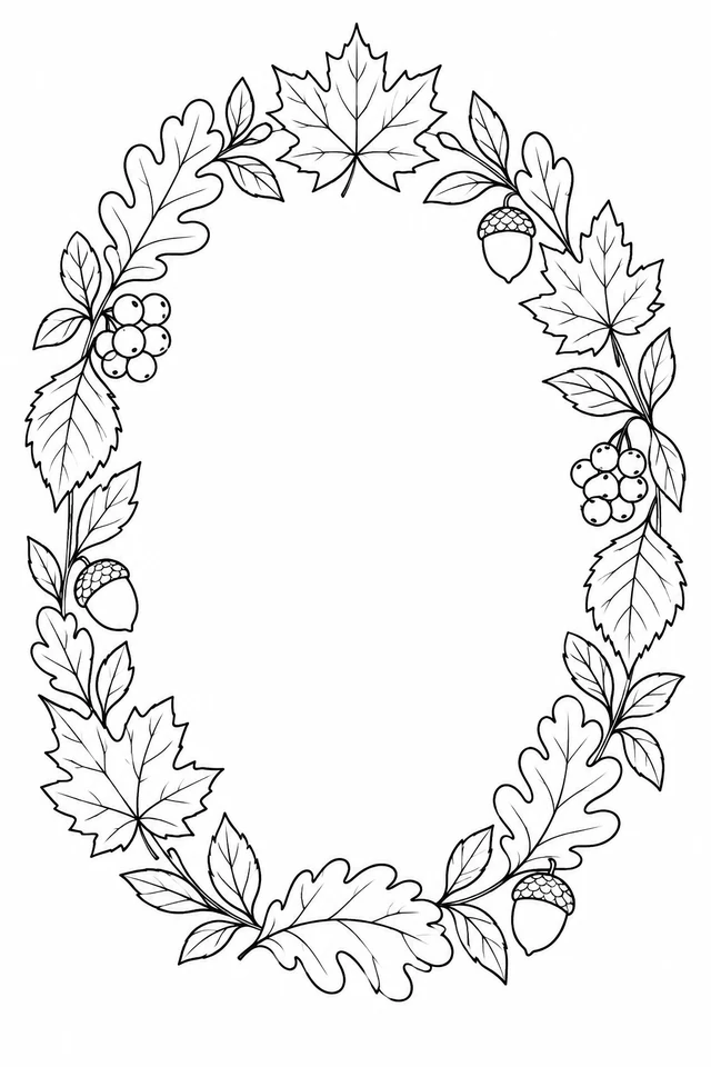 An oval wreath of varied woodland leaves, three acorns and two berry clusters surrounds an empty center.