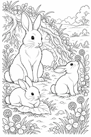 One large rabbit and two young rabbits outside a root-framed burrow, with clover flowers, leaves and a path.