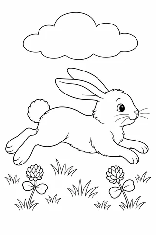 Side-view rabbit hopping with four extended legs, swept-back ears and a round tail above clover and grass.