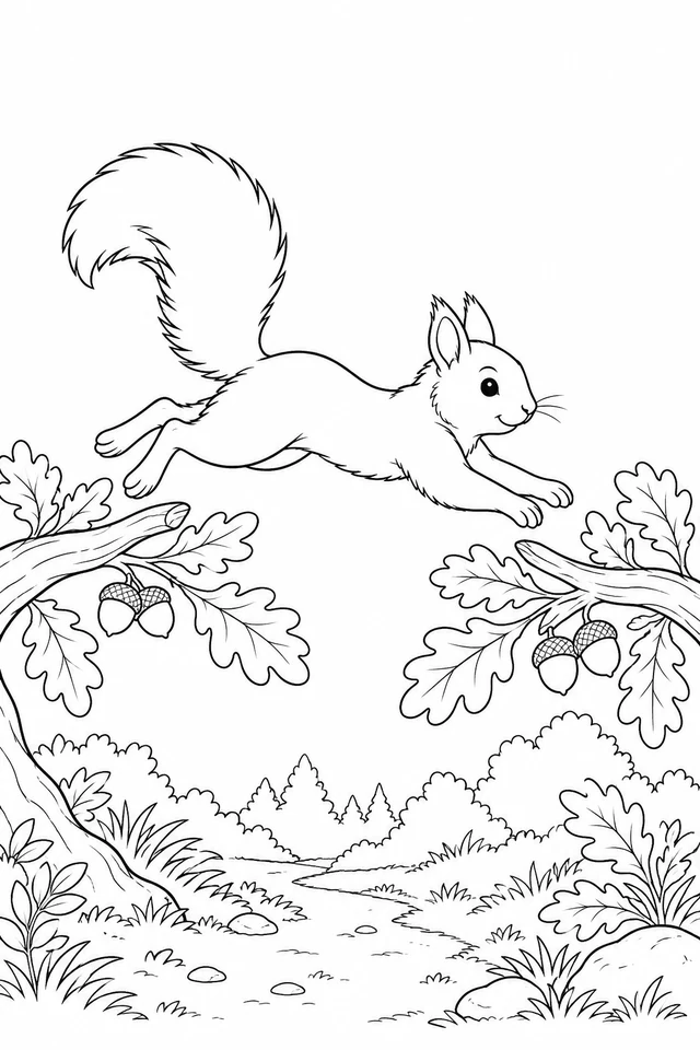 Side-view squirrel leaping between oak branches above a woodland path, with four extended legs and a large raised tail.