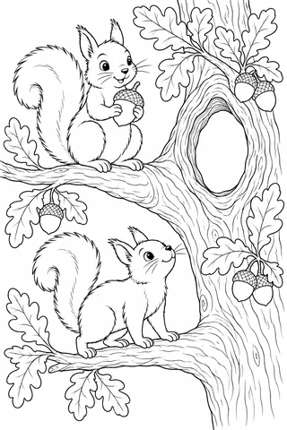 Two squirrels on separate oak branches beside a white tree hollow, one holding an acorn and one looking upward.
