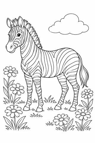 A standing zebra with outlined stripes and a flowing tail is surrounded by large daisy flowers and grass tufts.