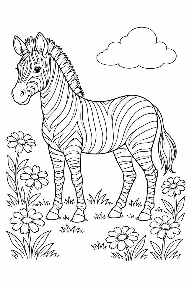 A standing zebra with outlined stripes and a flowing tail is surrounded by large daisy flowers and grass tufts.