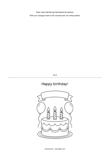 Birthday card printable template, with an original illustration, a dotted half-fold line and instructions for writing a message inside.