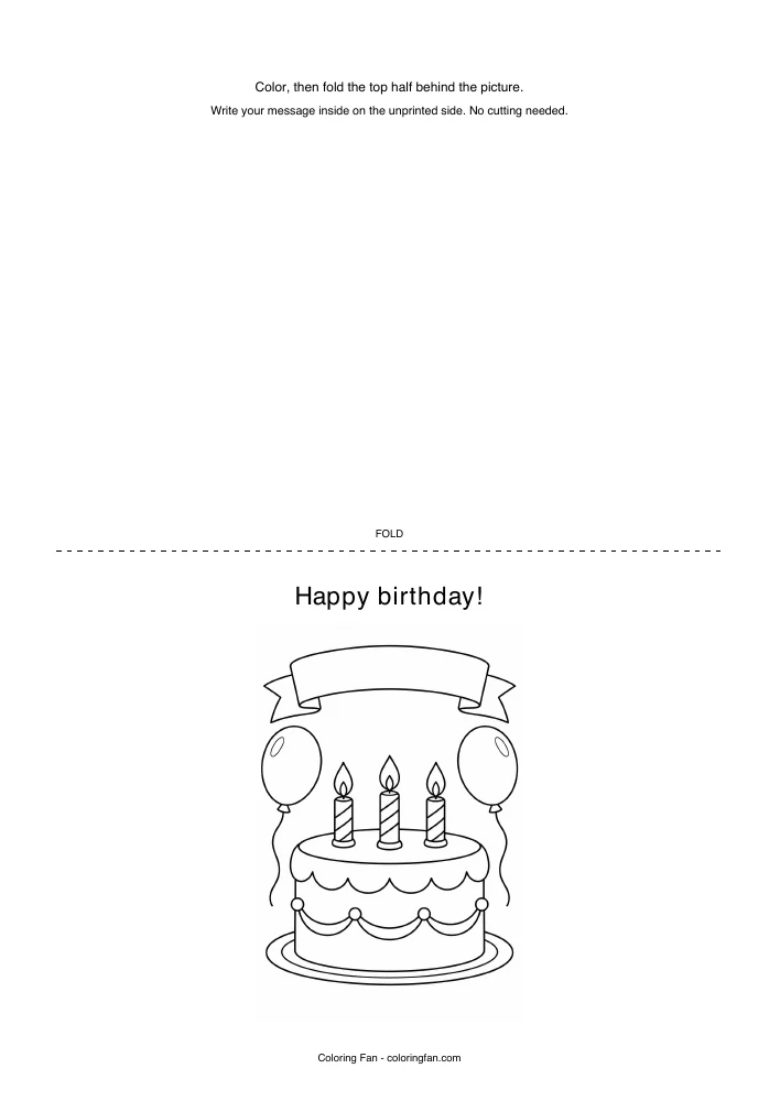Birthday card printable template, with an original illustration, a dotted half-fold line and instructions for writing a message inside.