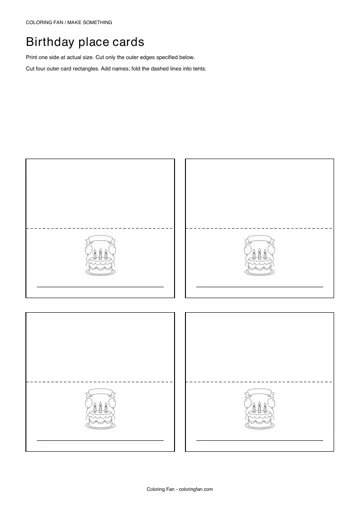 Actual A4 PDF preview of the birthday place cards, with measured cut outlines and printed assembly instructions.