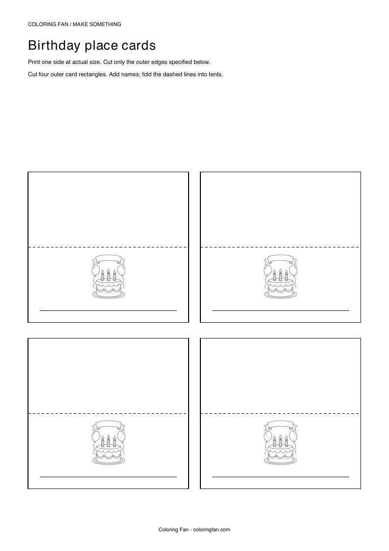 Actual A4 PDF preview of the birthday place cards, with measured cut outlines and printed assembly instructions.