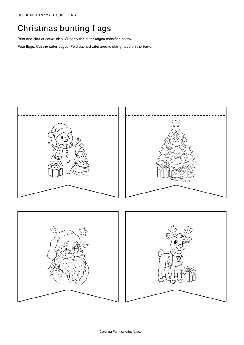 Actual A4 PDF preview of the christmas bunting flags, with measured cut outlines and printed assembly instructions.