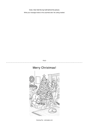Christmas card printable template, with an original illustration, a dotted half-fold line and instructions for writing a message inside.