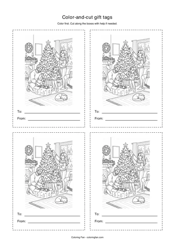 Christmas gift tags printable template, with an original illustration, four cut-out boxes and To and From lines.