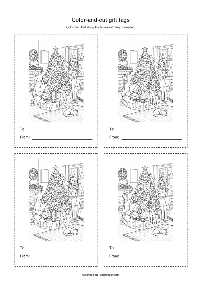 Christmas gift tags printable template, with an original illustration, four cut-out boxes and To and From lines.