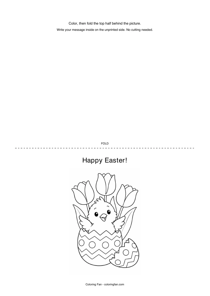 Easter card printable template, with an original illustration, a dotted half-fold line and instructions for writing a message inside.
